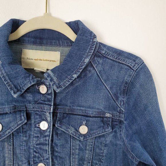 Pilcro Anthropologie Denim Jacket Womens Medium Blue Distressed Letterpress - Picture 2 of 11